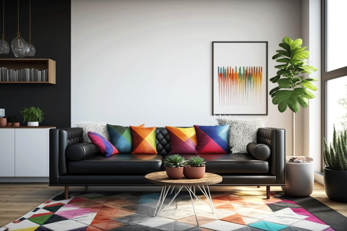 Home staging in living room with pops of color