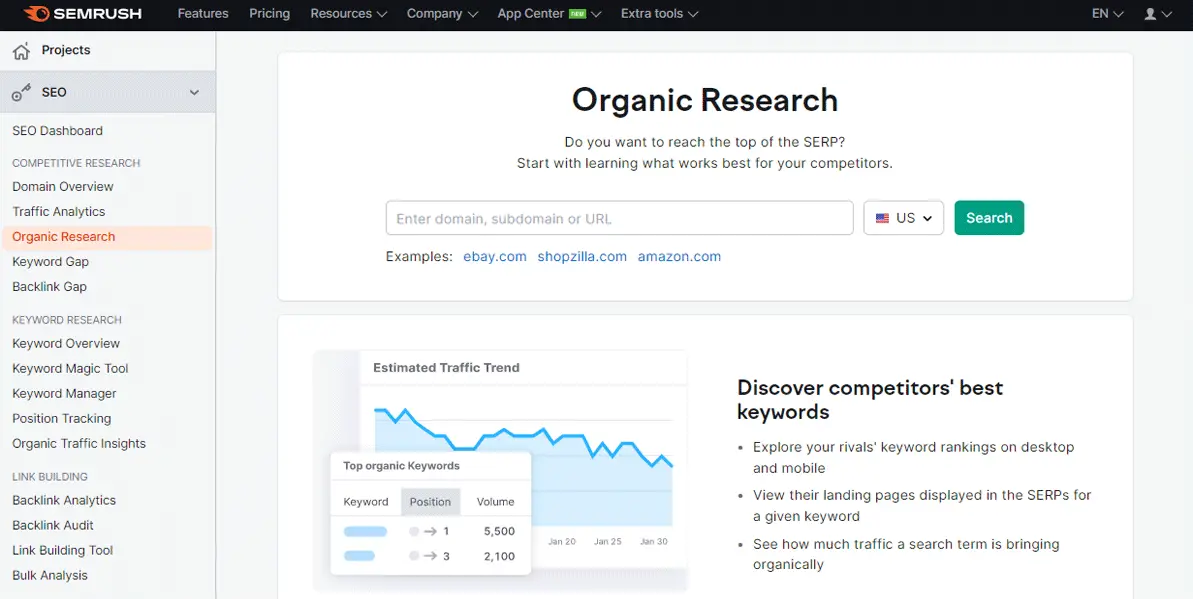 Semrush Organic Research Tool Dashboard