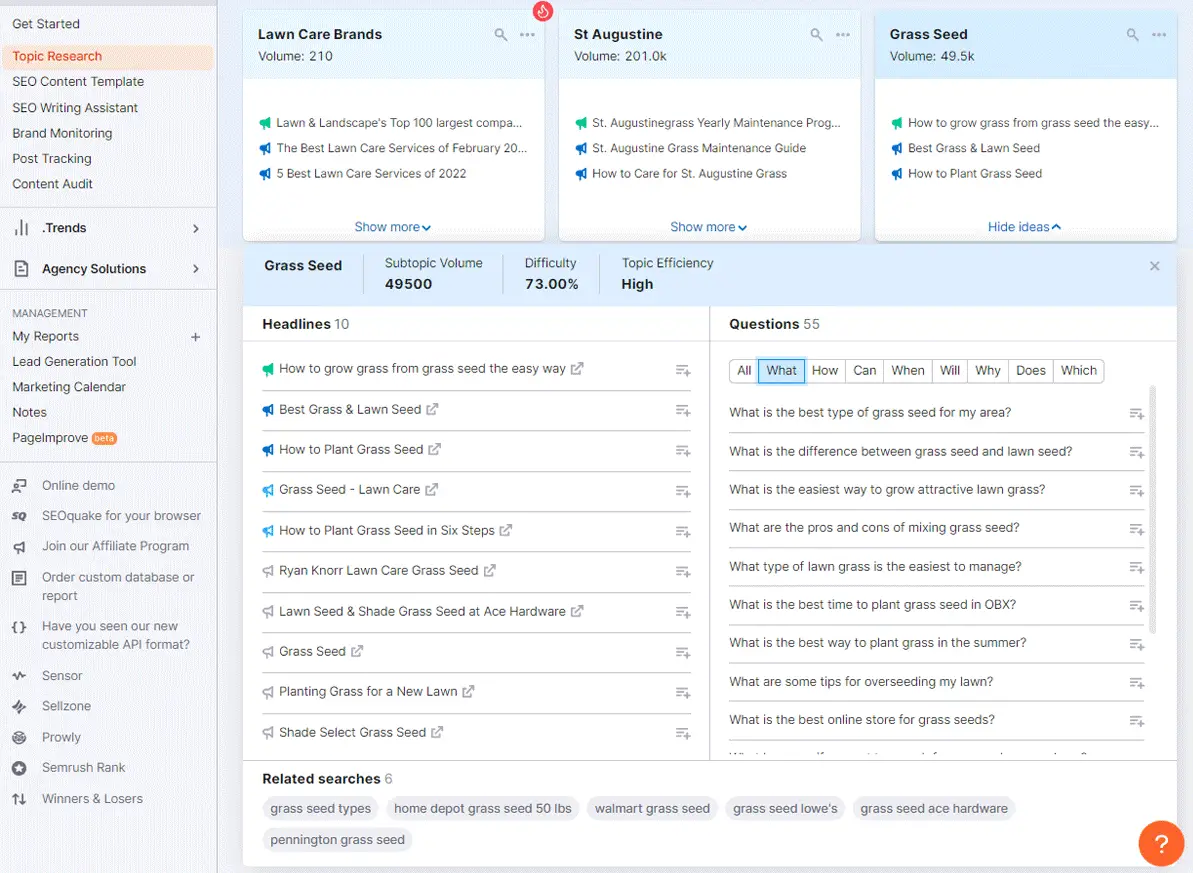 Semrush Topic Research Example List for the Keyword Grass Seed