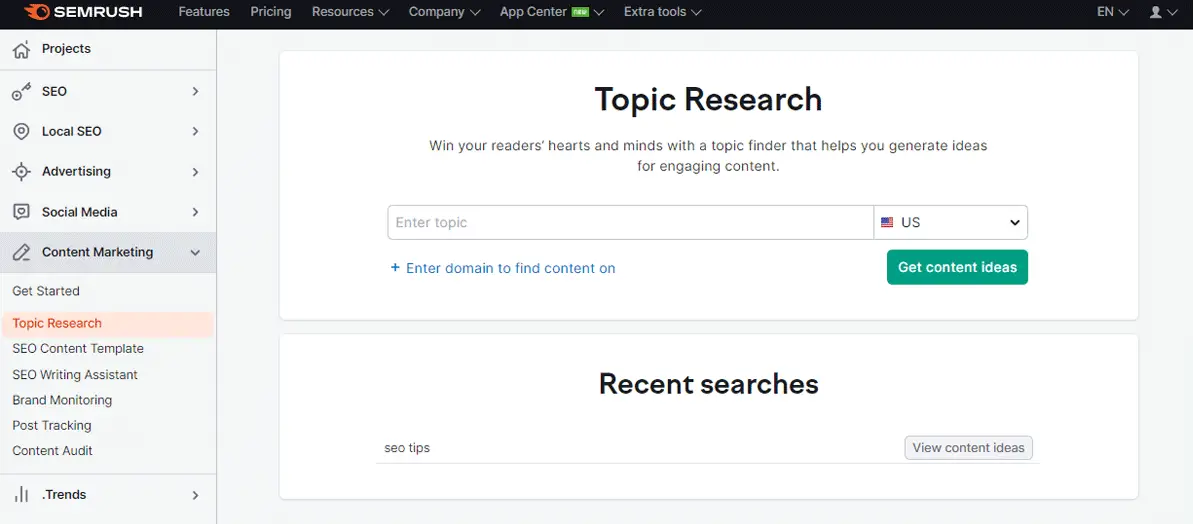 Semrush Content Marketing Topic Research Tool Dashboard